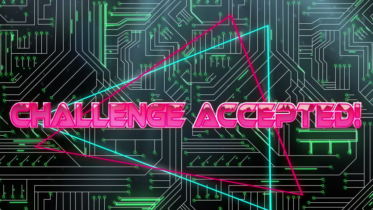 마이크로프로세서 연결에 대한 네온 삼각형 위의 도전 수락 텍스트의 디지털 애니메이션