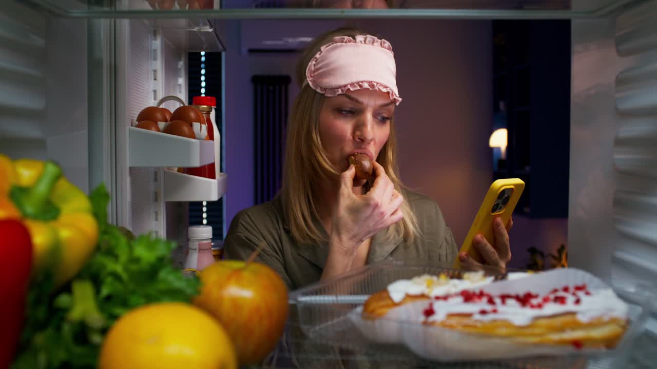 женщина ест десерт поздно ночью в холодильнике.