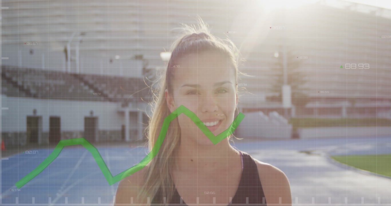 Animation of data processing and green line over caucasian woman exercising