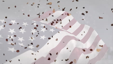 digital composition of confetti falling over american waving flag against fireworks over cityscape