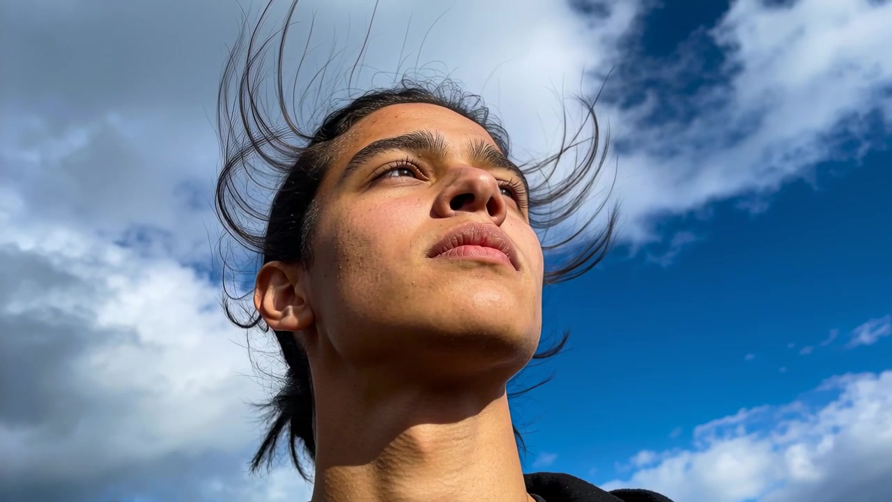 Respondiendo a las ráfagas, un adolescente levanta la barbilla, dirigiendo la mirada al cielo amplio, con el cabello levantándose y una sudadera con capucha oscura.