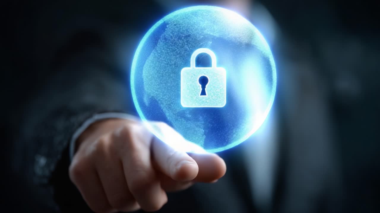 A Professional Touching a Holographic Lock over a Futuristic Globe, Symbolizing Cybersecurity and Data Protection in a Digital Age