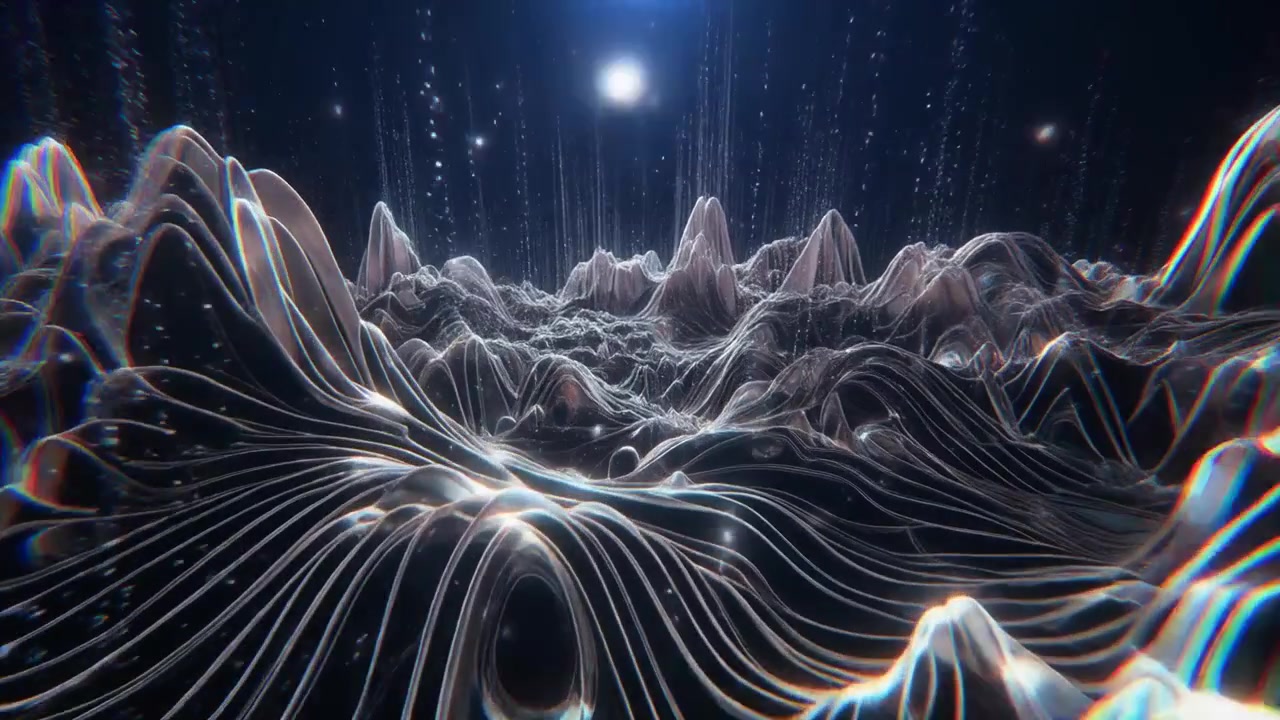 Abstract Digital Landscape with Glowing Lines and Floating Particles