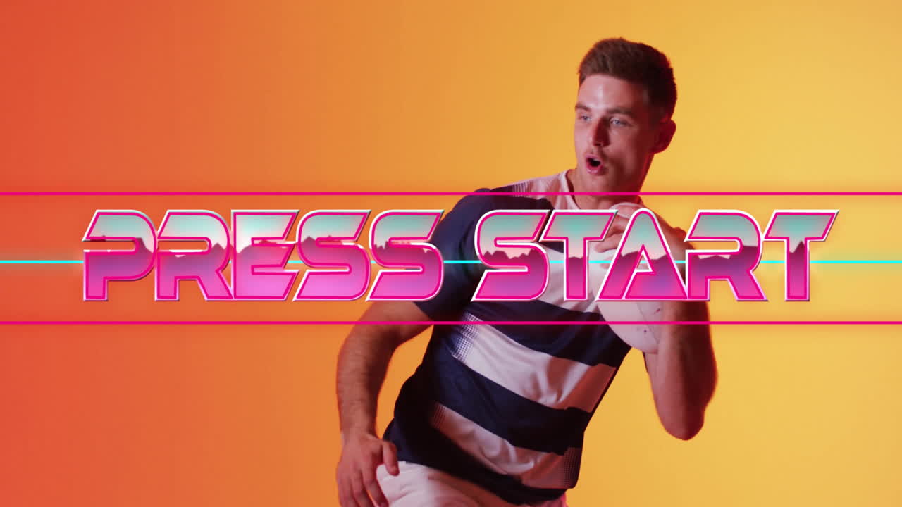 Press Start text animation over man posing against orange background