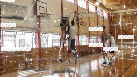 in gym, basketball players practicing with data processing animation overlay