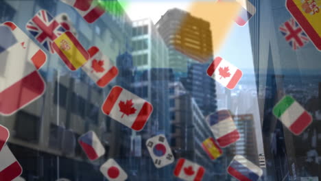 floating translucent national flag icons forming 3d flat design overlay over urban skyscrapers