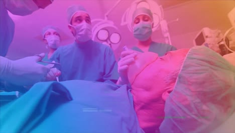 animation of colorful screen with glitch over caucasian male and female surgeons during operation