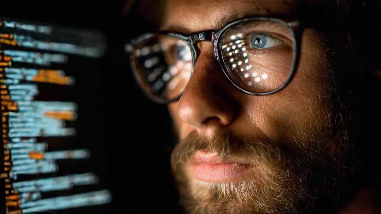 Focused Programmer Analyzing Code in a Dark Environment with Reflective Glasses Illuminating His Intense Expression and the Surrounding Digital Matrix