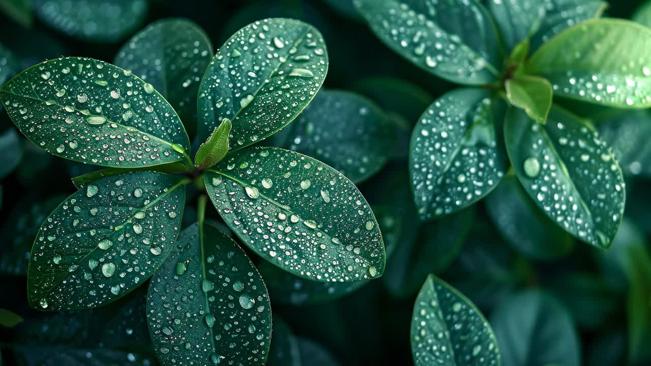 Dewy green leaves in a garden. Fresh green leaves glisten with droplets of water under soft sunlight in a vibrant garden setting