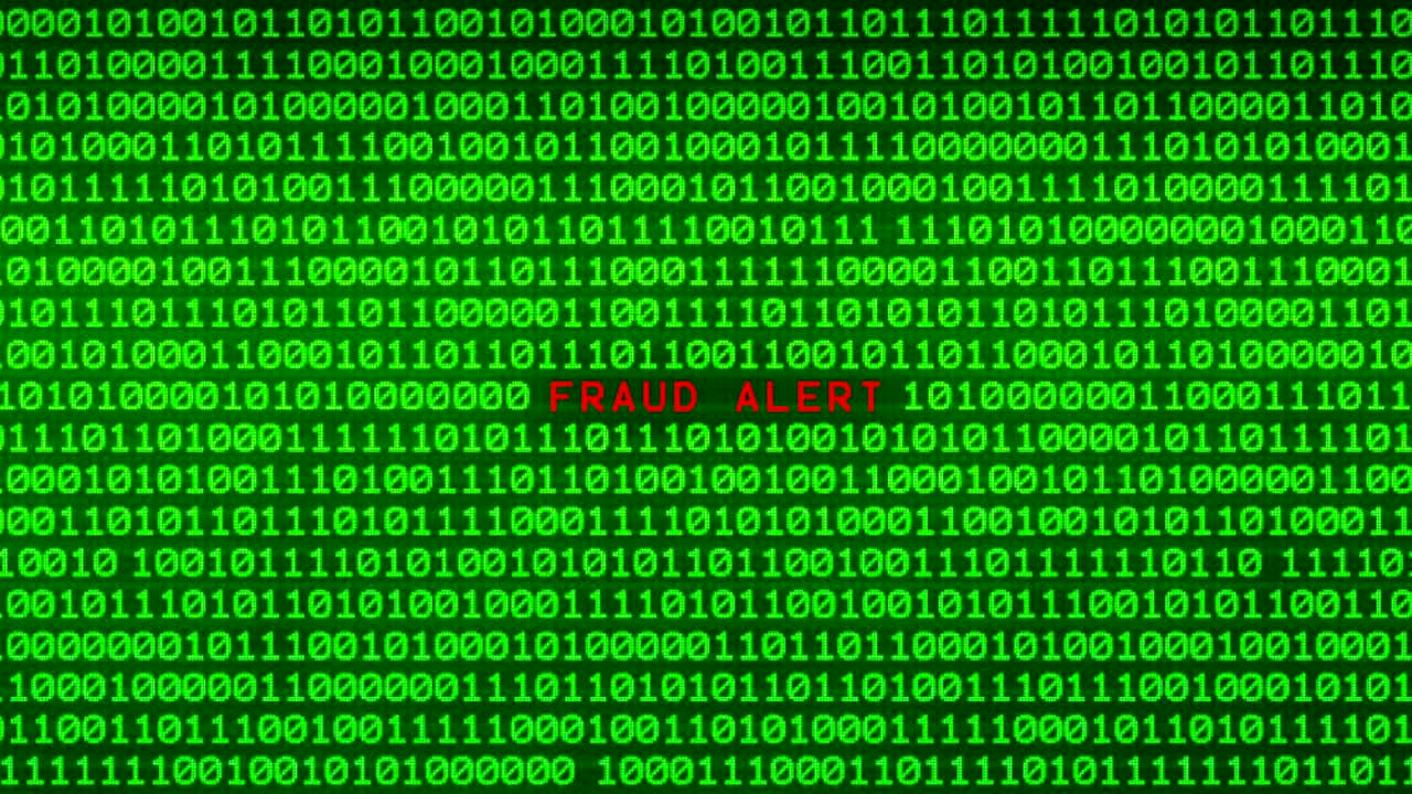 FRAUD ALERT Word Revealing on Wall of Green Binary Code  Between Random Binary Data Matrix Background