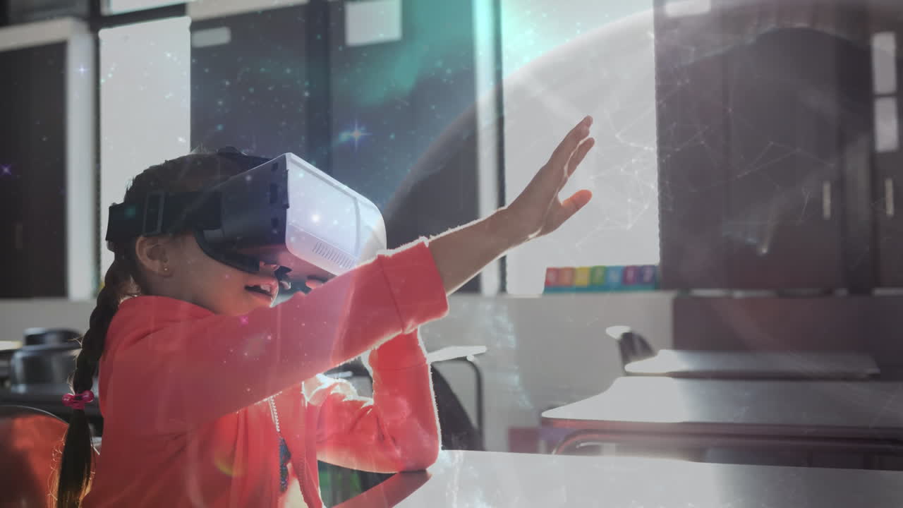 Using virtual reality headset, child exploring digital universe in classroom animation