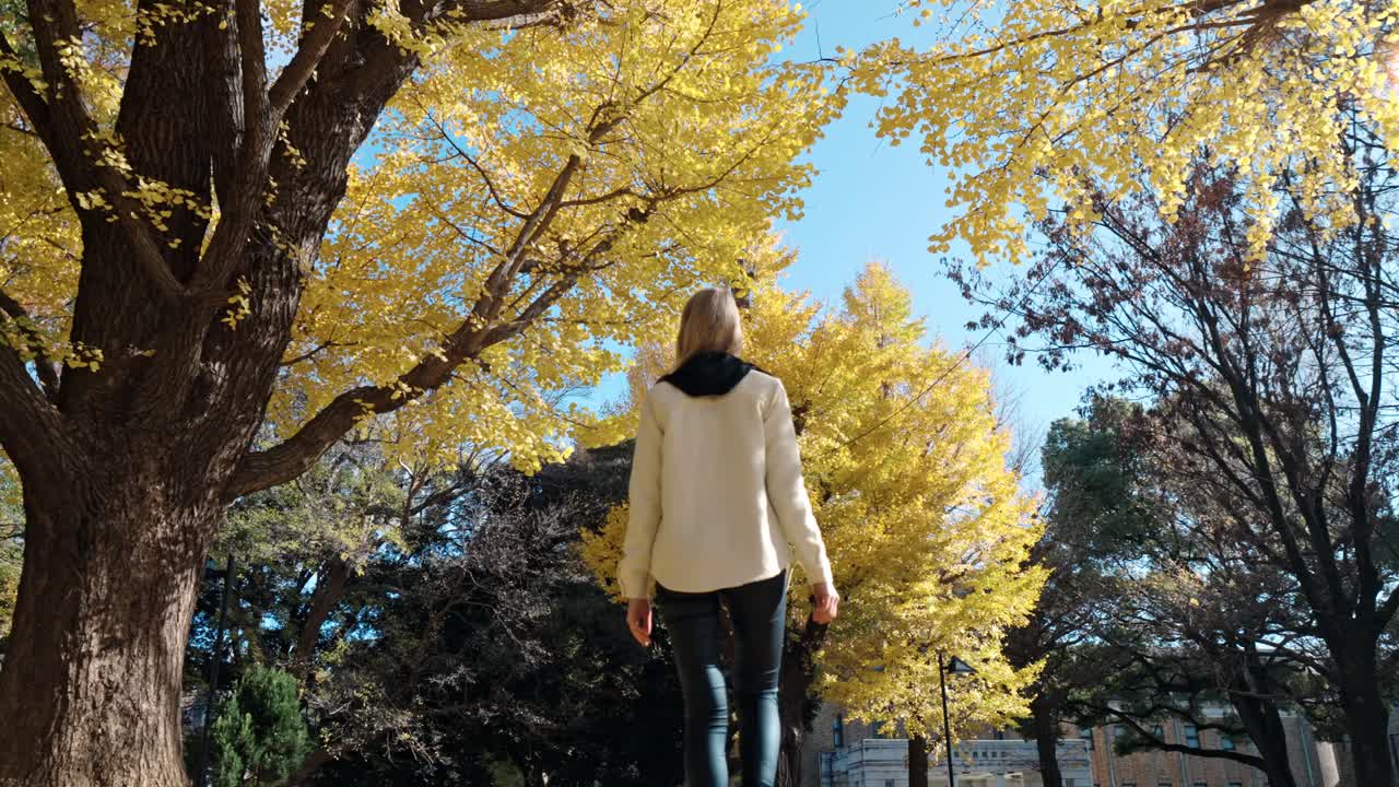 A woman strolls peacefully through a serene garden in Tokyo, surrounded by vibrant yellow autumn foliage.