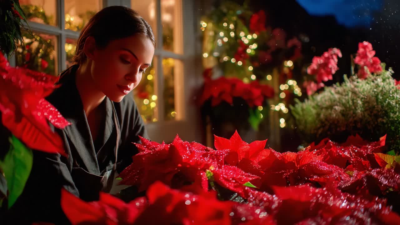 A serene moment captured in a lush garden adorned with vibrant red poinsettias, showcasing lush greenery and twinkling lights. The contrast of vivid colors against the evening backdrop creates a peaceful and festive atmosphere