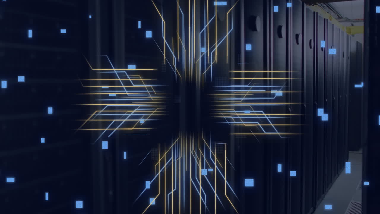 Animation of circuit board and digital data processing over computer servers