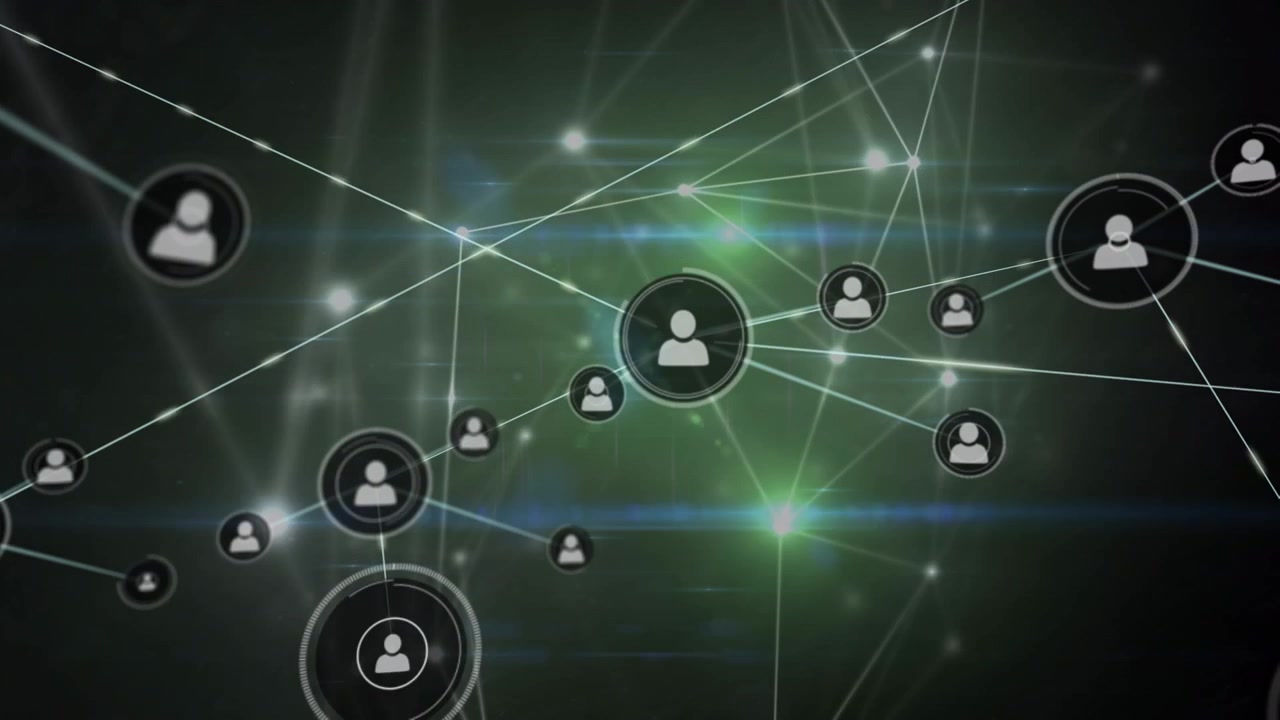 Animation of network of connections with icons and light trails on black background