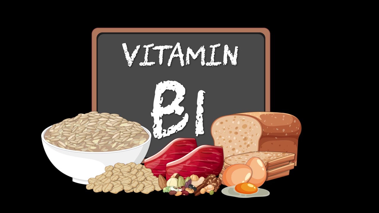 Lavagna animata che rivela le fonti di vitamina B1: cereali, pane, carne, frutta a guscio, uova, su sfondo nero
