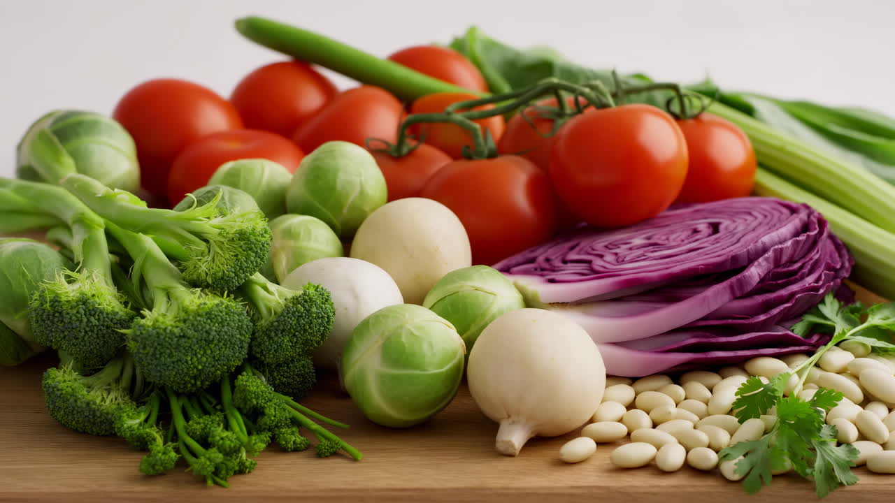 Assortimento di verdure fresche e legumi su un tagliere di legno