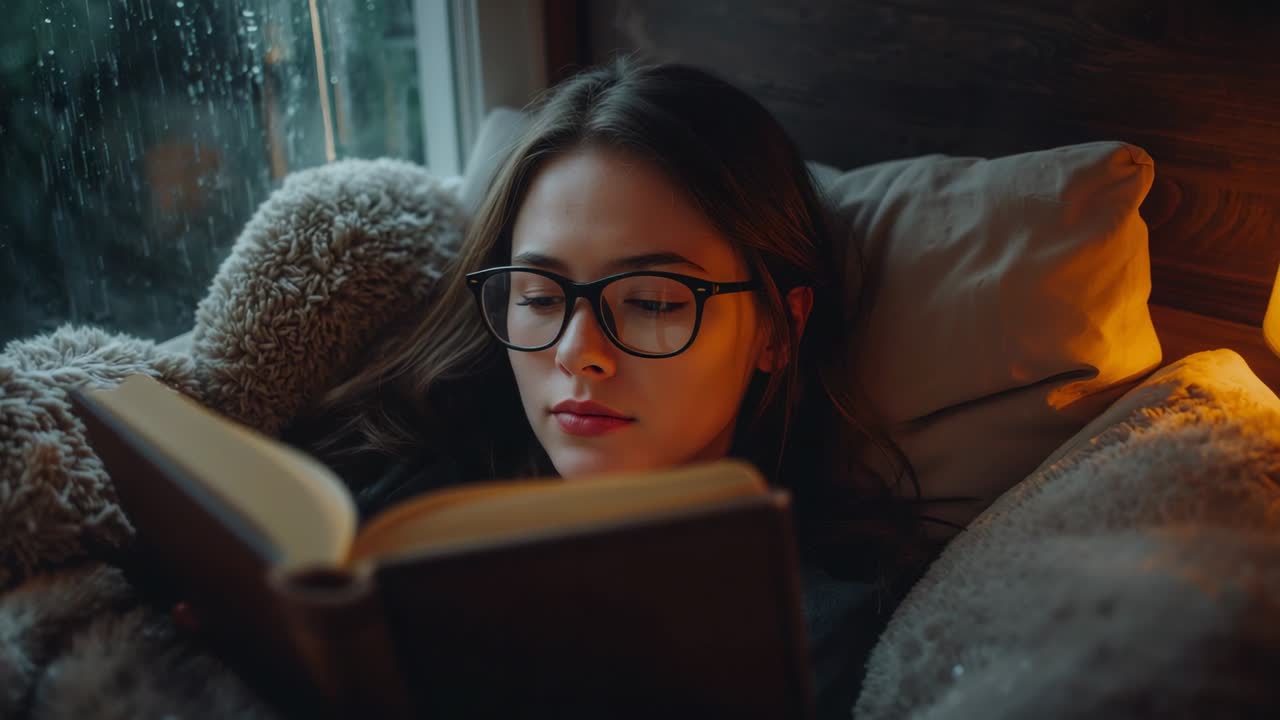 Pluie tambourinant sur la fenêtre, femme à lunettes lisant un livre, couverte d’une couverture sur un canapé près d’une lampe