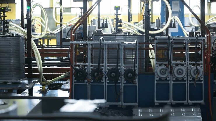 Modern automated industrial heavy duty manufacturing parts for transmission plant assembly line featuring heavy steel parts with pipes moving along production conveyor belt in high tech factory