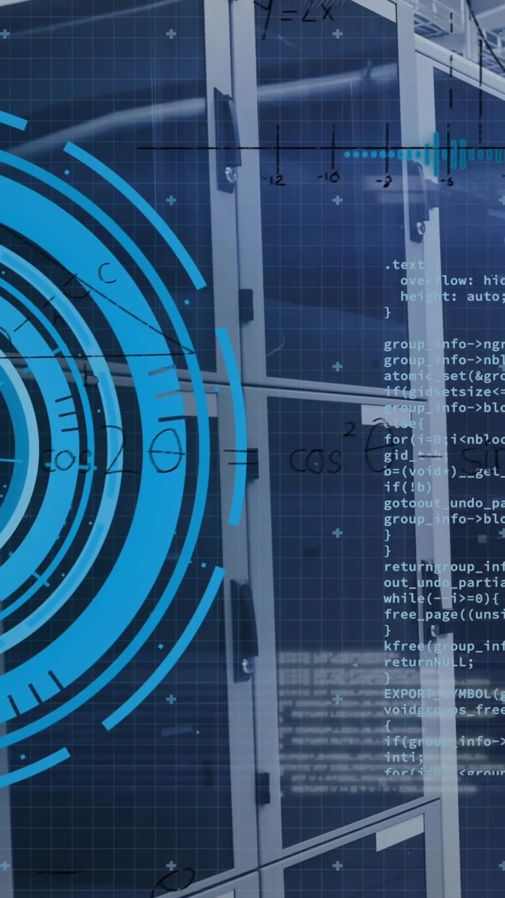Animation of round scanner and data processing over mathematical equations against server room