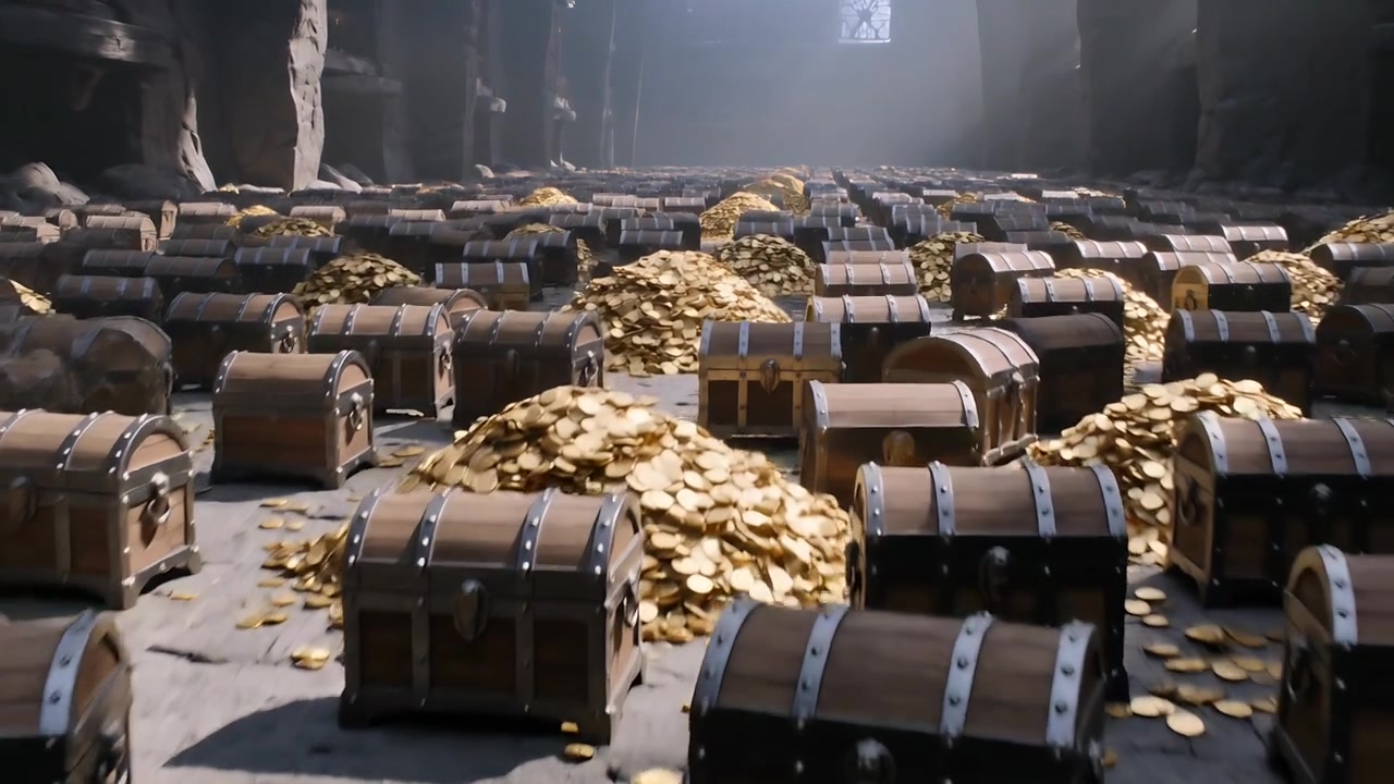 Un recul de caméra révèle des coffres au trésor en bois et des pièces d'or dans une voûte en pierre, accentuant la profondeur.