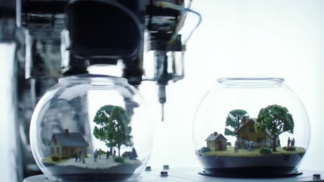 A Robotic Arm Creates Detailed Miniature Landscapes within Glass Domes, Showcasing Intricate Models of Idealized Communities and Nature