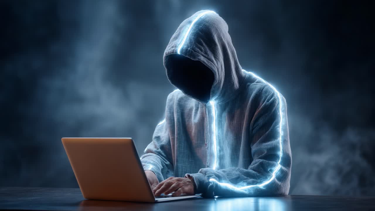 A mysterious figure cloaked in shadow sits at a desk, intensely focused on a glowing laptop, surrounded by an enigmatic atmosphere of digital energy and intrigue