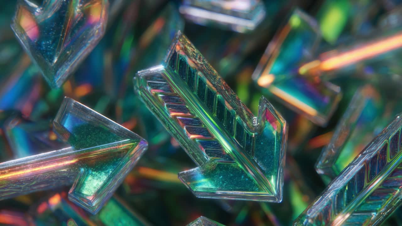 Abstract background featuring a collection of iridescent glass arrows pointing down, slowly rotating and reflecting a vibrant spectrum of colors in a mesmerizing and futuristic pattern