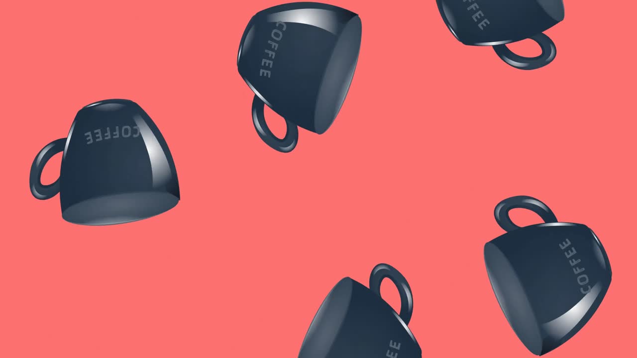 animación de tazas de café negras cayendo sobre un fondo rosado