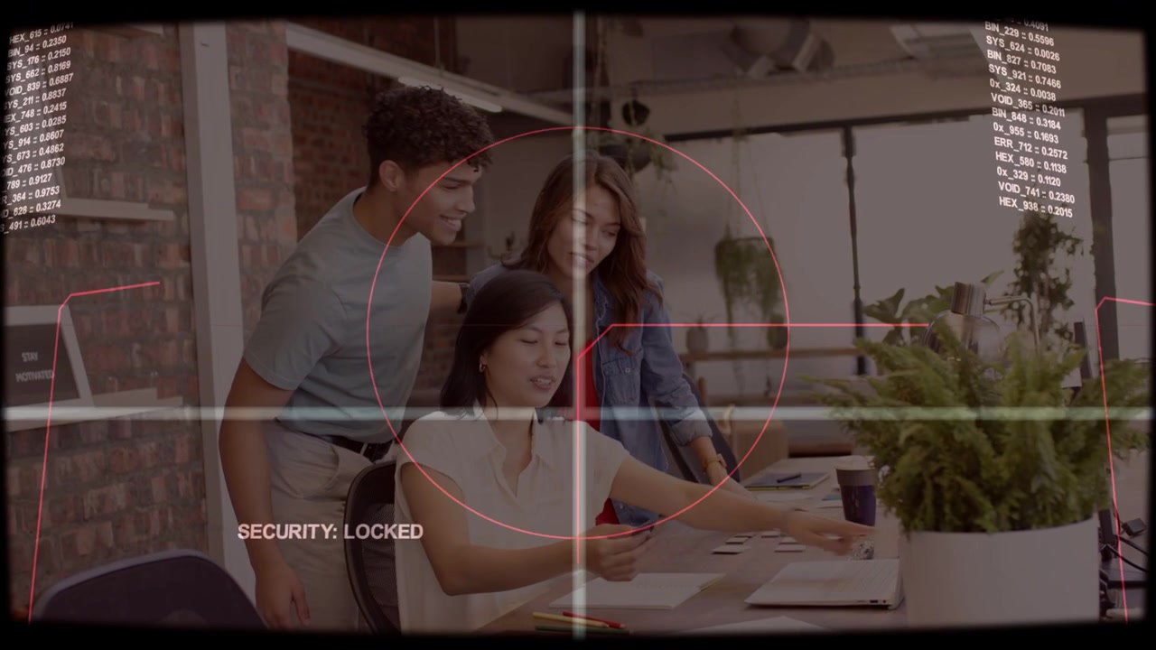 Woman at laptop reaching as peer pointing man joining business team checking docs SECURITY: LOCKED
