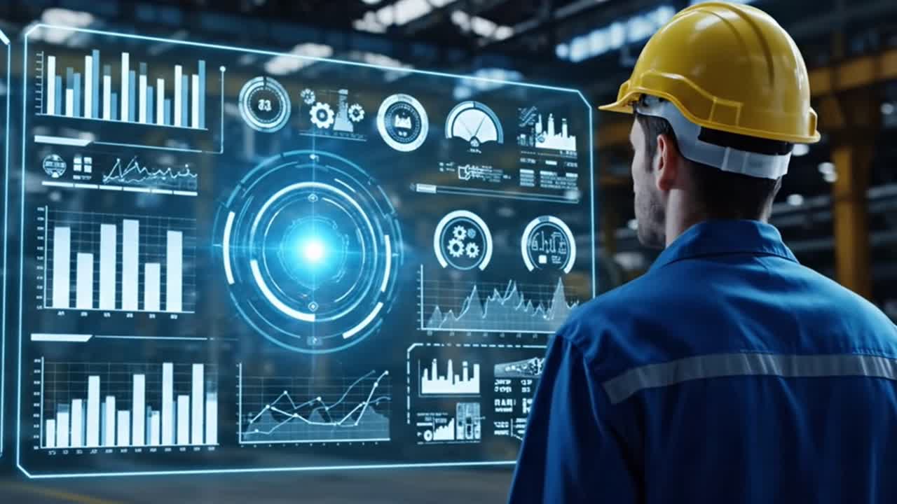 Industrial Engineer Monitoring Factory Production Data on a Futuristic HUD