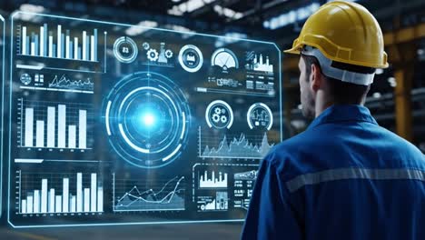 industrial engineer monitoring factory production data on a futuristic hud