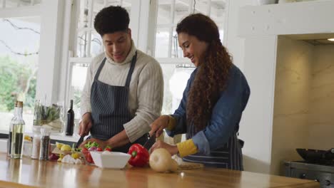 video de una feliz pareja biracial preparando una comida juntos