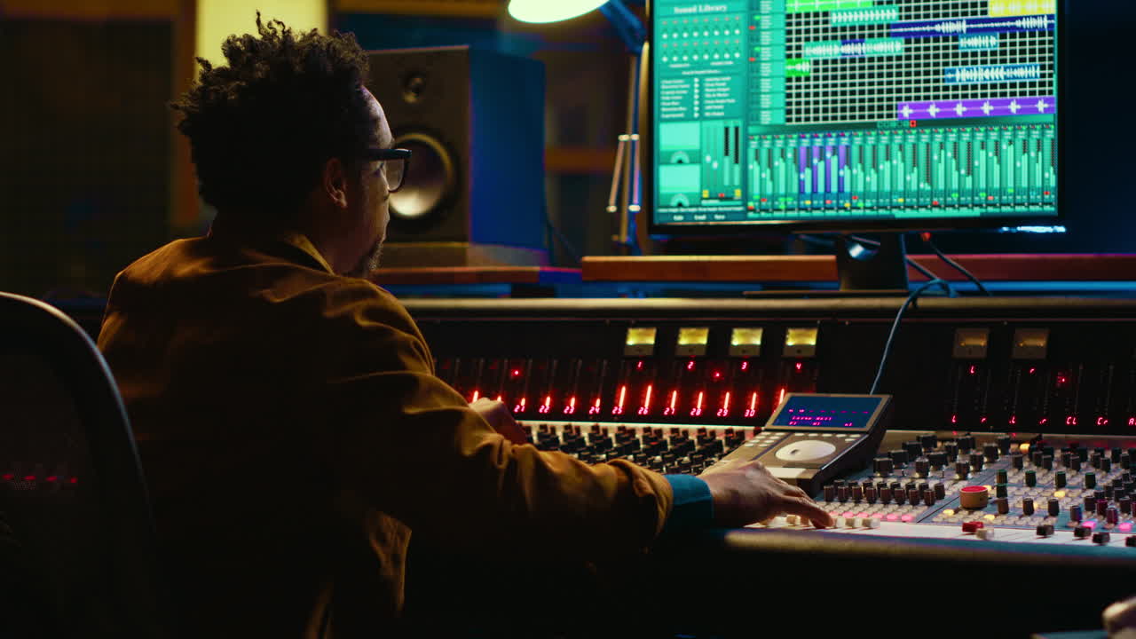 African american sound expert operates on audio console with moving faders