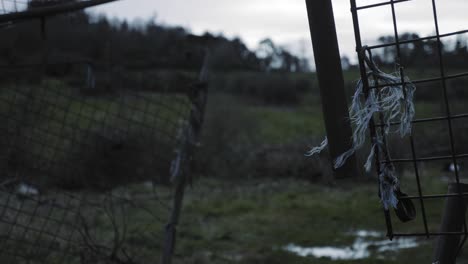 tattered metal string of the broken gate surrounded the green lawn in northern part of ireland. -medium shot