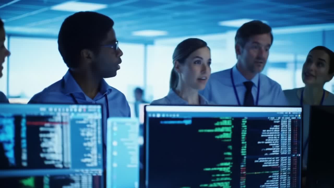 A Diverse Team Collaborates in a Dynamic Office Environment, Analyzing Complex Data on Multiple Screens while Engaging in Collaborative Discussion and Problem Solving