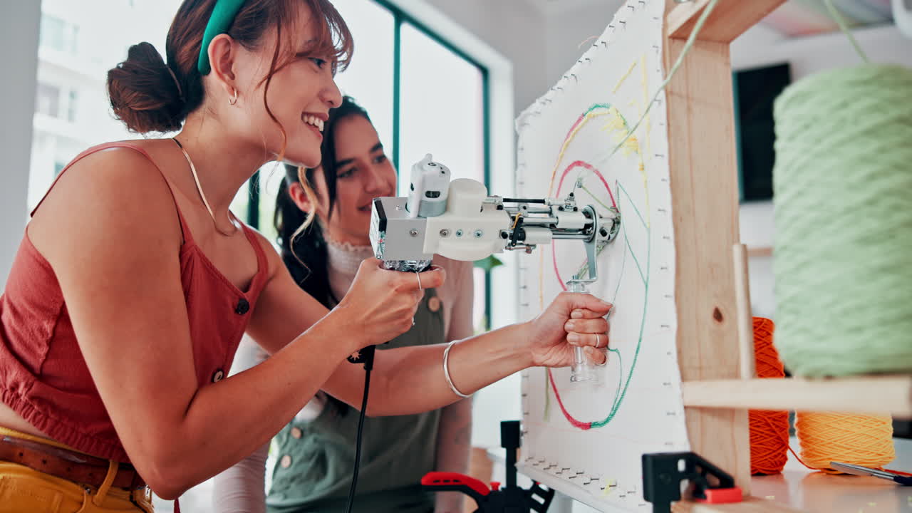 mujeres aprendiendo a usar una máquina de bordado moderna