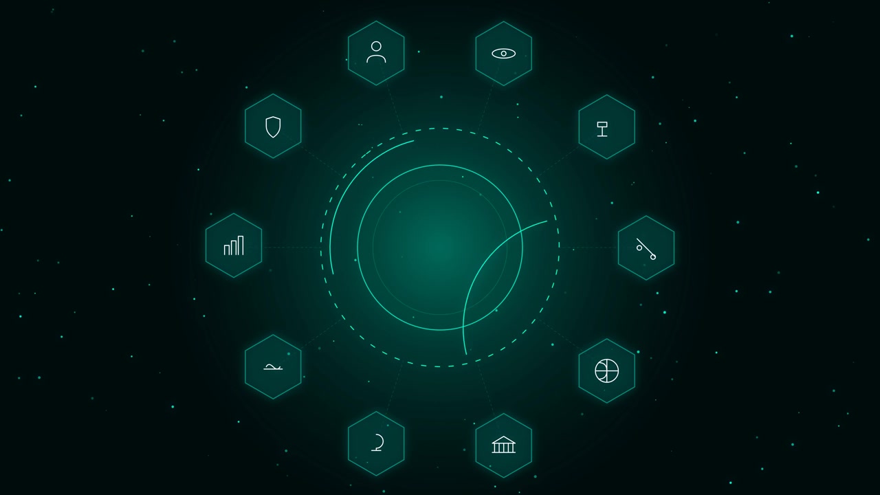 Digital Interface with Rotating Circular Elements and Icons