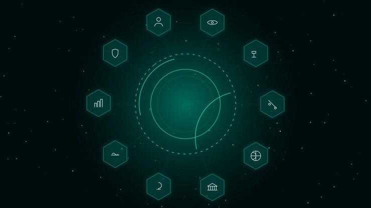 Digital Interface with Rotating Circular Elements and Icons