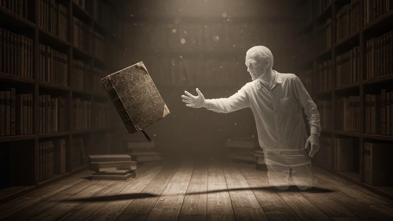 A Haunting Journey Through Time: A Ghostly Figure Interacts with an Enigmatic Floating Book in a Dimly Lit Library, Evoking the Mystique of Knowledge and Memory