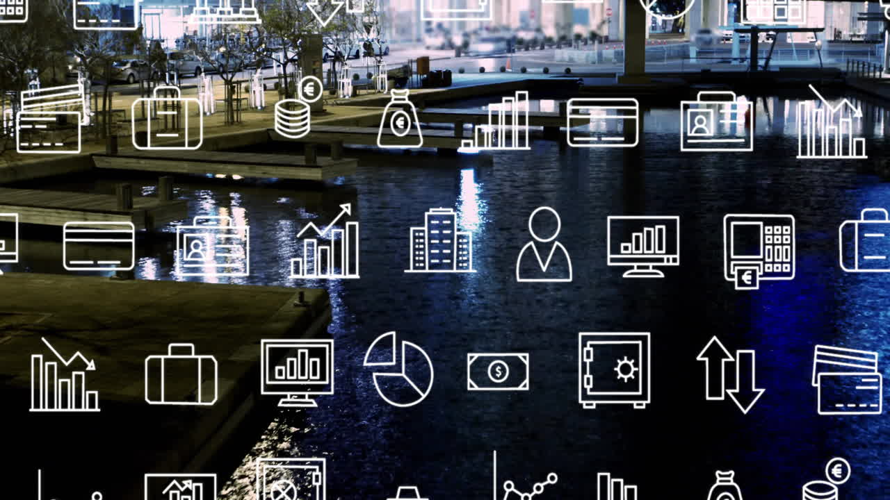 animación de iconos comerciales y procesamiento de datos en el paisaje urbano