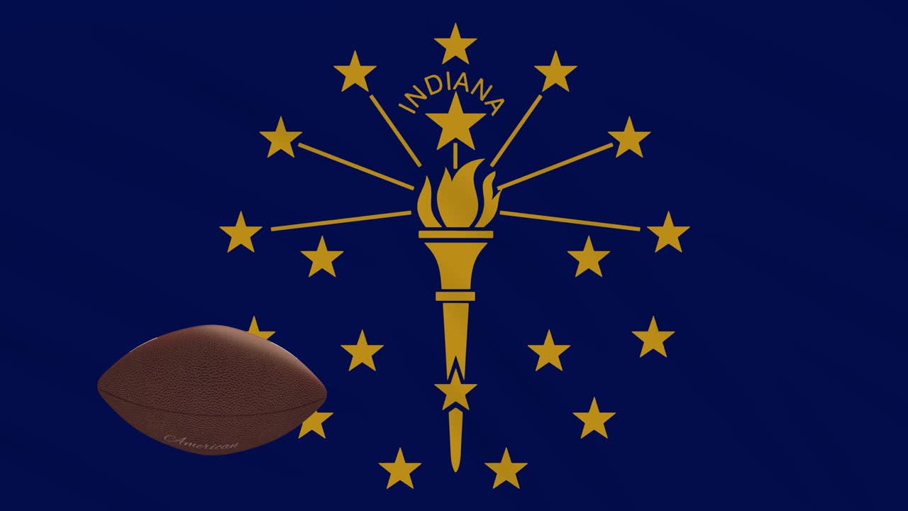 Indiana flag waving and american football ball rotates, loop