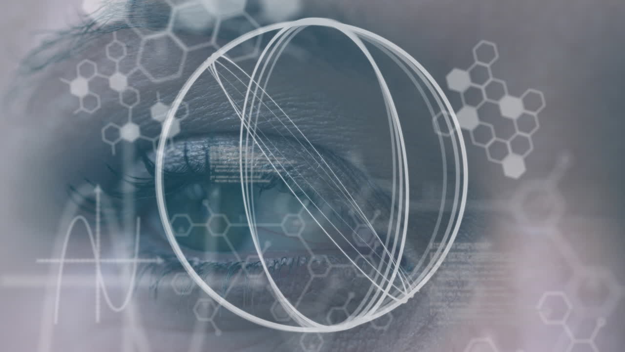 animación del procesamiento de datos científicos sobre el ojo de una mujer caucásica