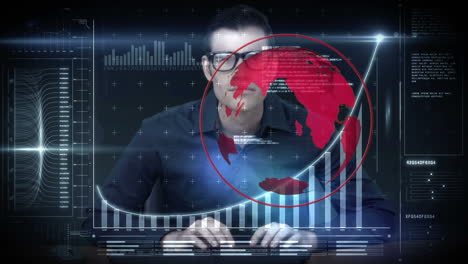 animación del procesamiento de datos financieros y el mundo sobre el empresario caucásico