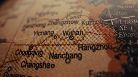close-up of a world map focusing on china