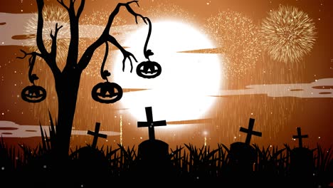 creepy graveyard scene with flickering jack-o'-lanterns