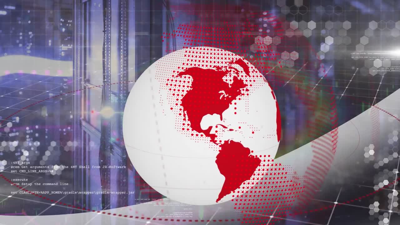 animación del globo giratorio sobre la sala del servidor.