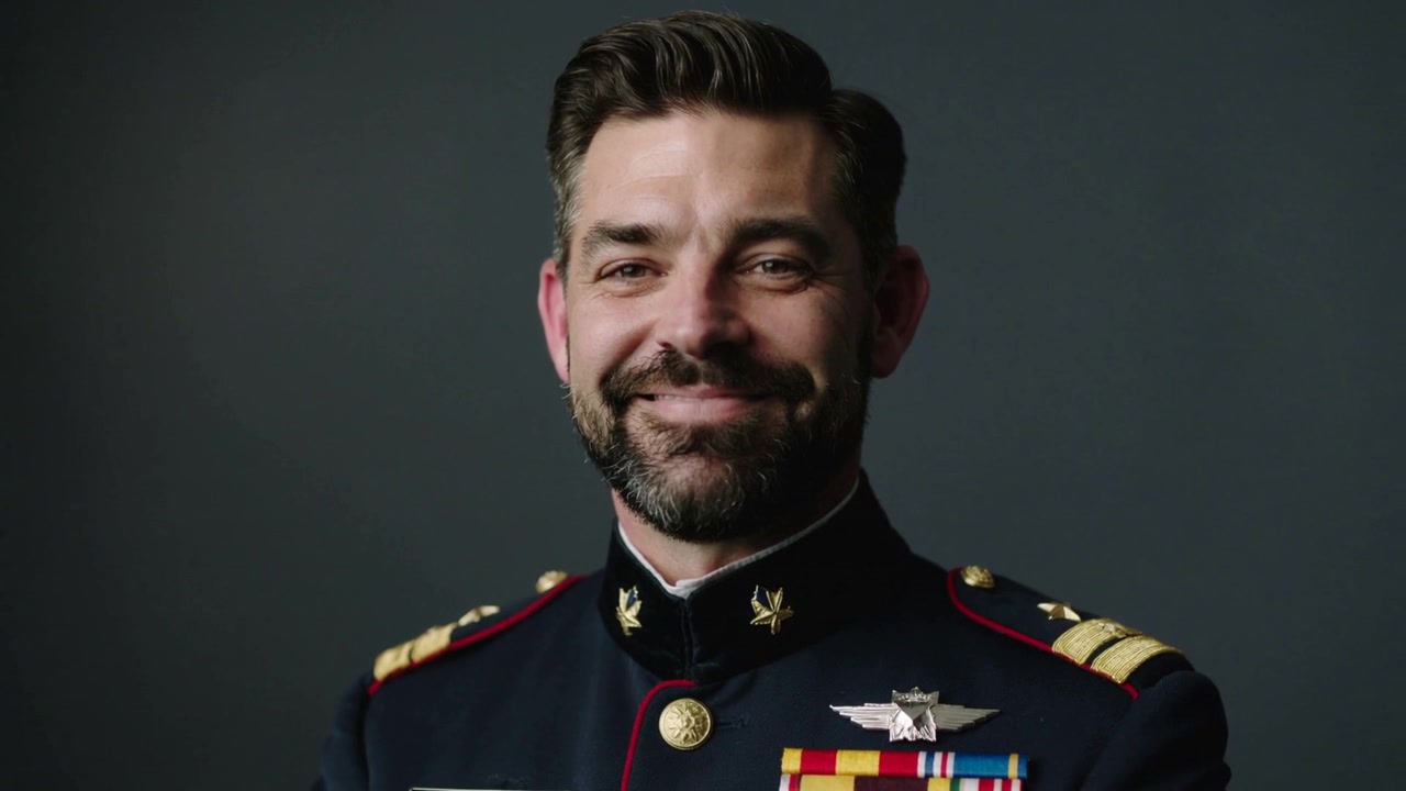 Uomo ripreso in uniforme militare che si sposta per sorridere per un ritratto in studio, con i nastrini delle medaglie.