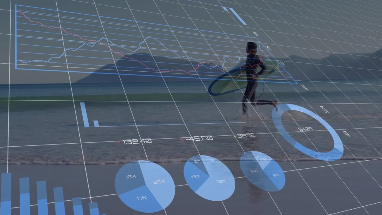 Start showing man running along shore carrying board preparing for surf with tech charts overlaying