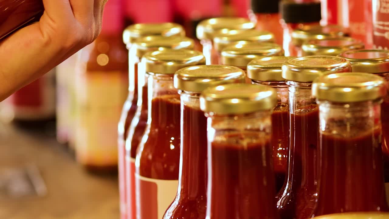 Close-up of hands picking and examining glass bottles with gold lids in a store setting.